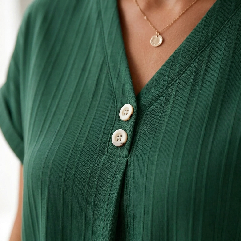 Veloria – Relaxed Ribbed V-Neck Shift Dress with Button Detail - Souliia