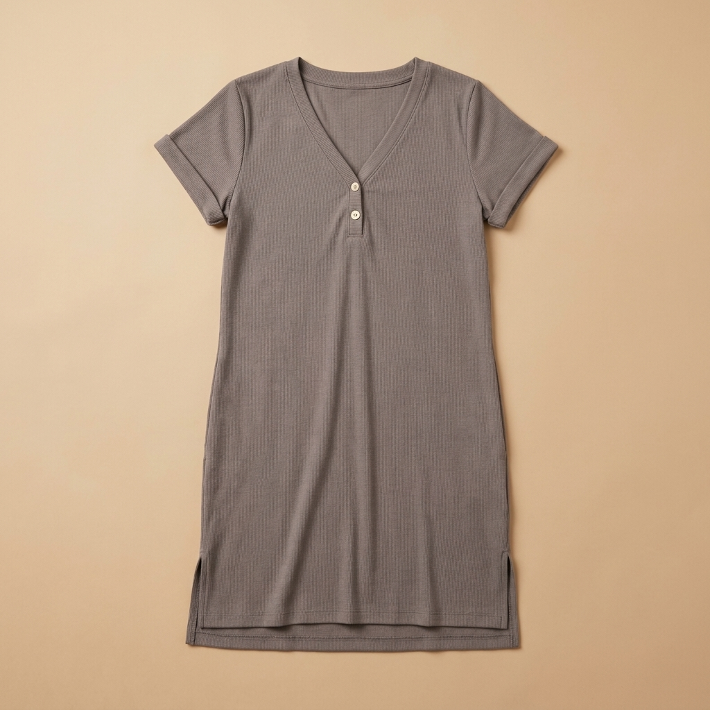 Veloria – Relaxed Ribbed V-Neck Shift Dress with Button Detail - Souliia