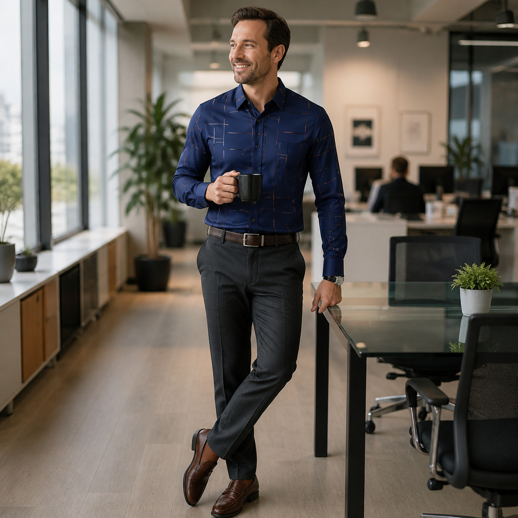 Ultra-LightPower – Wrinkle-Free Line-Print Dress Shirt with Breathable Stretch - Souliia