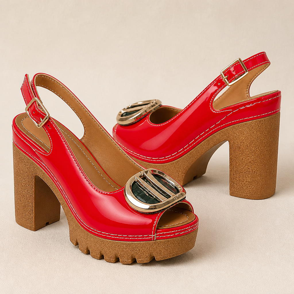 VivantaStrut – Bold Chunky Platform Slingback Heels with Gold Buckle - Souliia