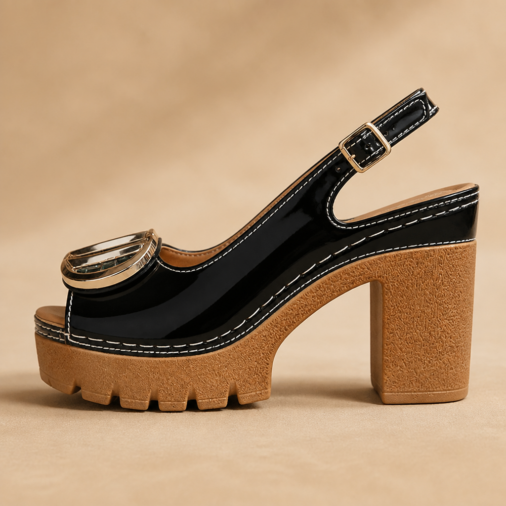 VivantaStrut – Bold Chunky Platform Slingback Heels with Gold Buckle - Souliia