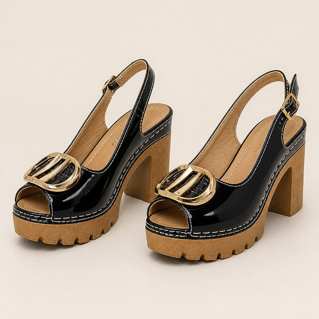 VivantaStrut – Bold Chunky Platform Slingback Heels with Gold Buckle - Souliia