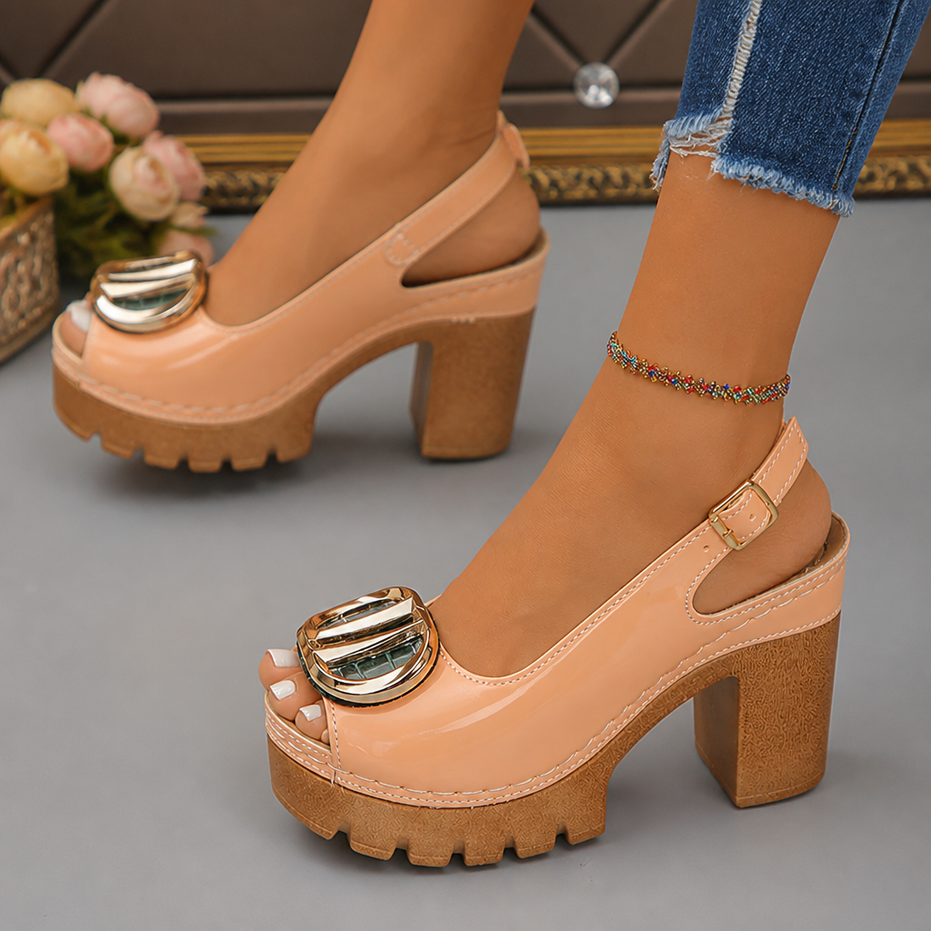 VivantaStrut – Bold Chunky Platform Slingback Heels with Gold Buckle - Souliia