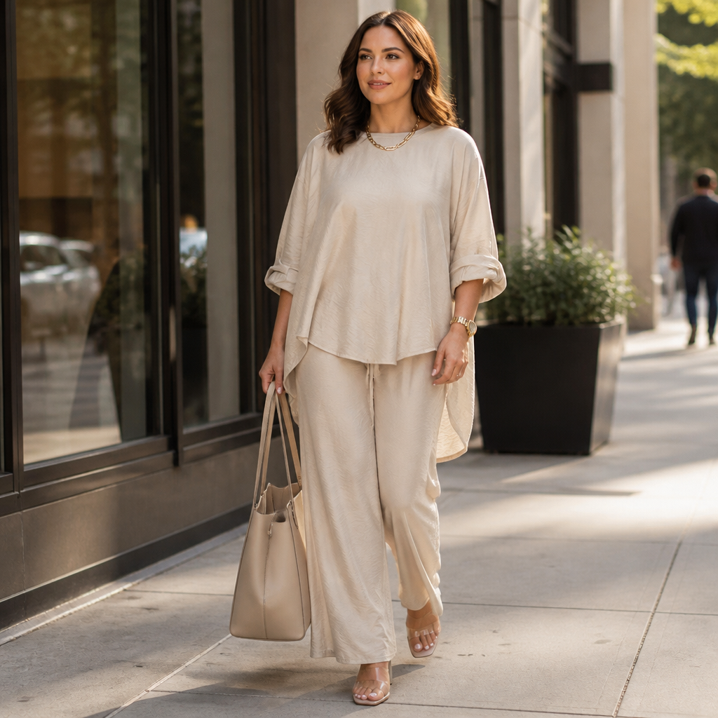 TrueStyle – Relaxed Two-Piece Set with Asymmetric Hem & Wide-Leg Pants - Souliia