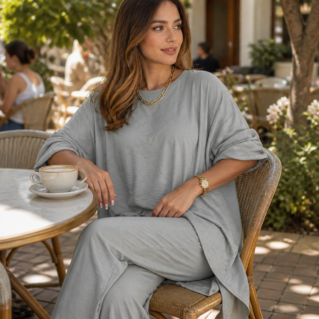 TrueStyle – Relaxed Two-Piece Set with Asymmetric Hem & Wide-Leg Pants - Souliia