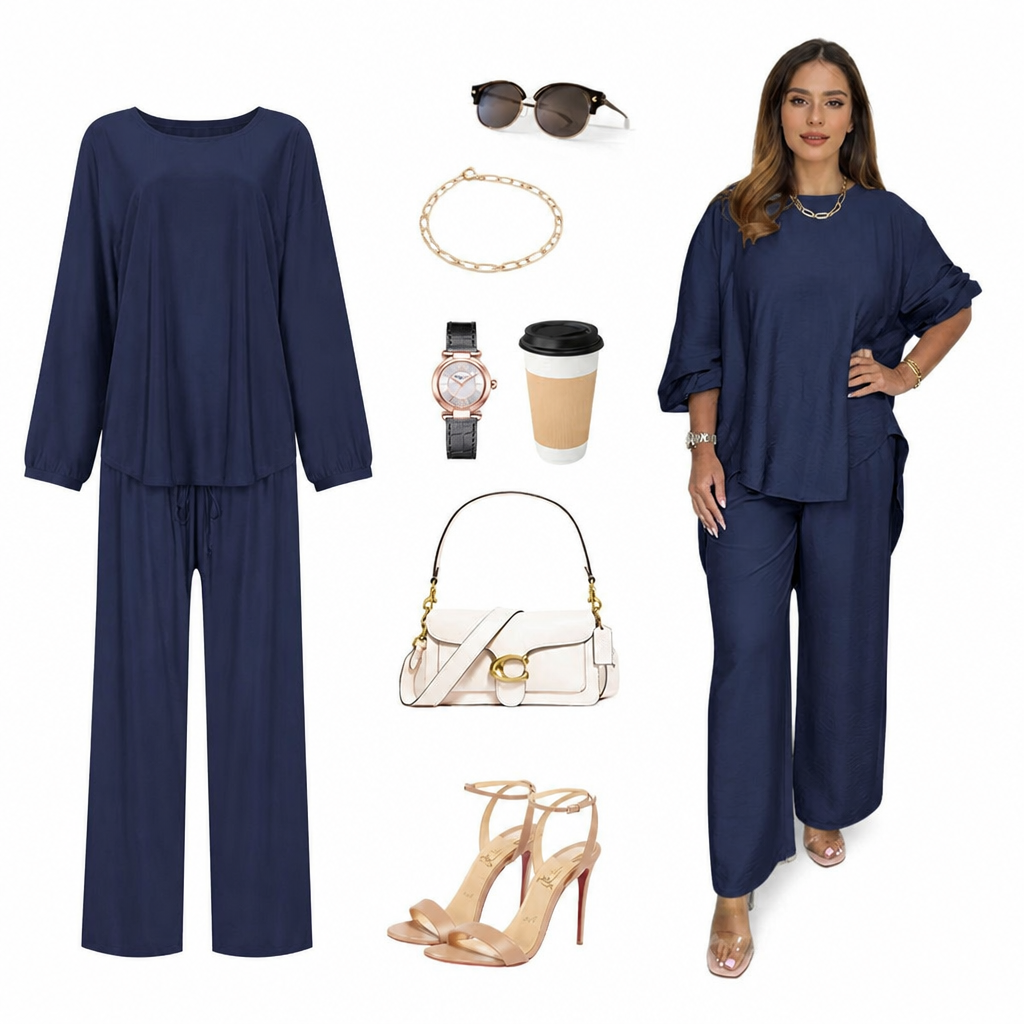TrueStyle – Relaxed Two-Piece Set with Asymmetric Hem & Wide-Leg Pants - Souliia