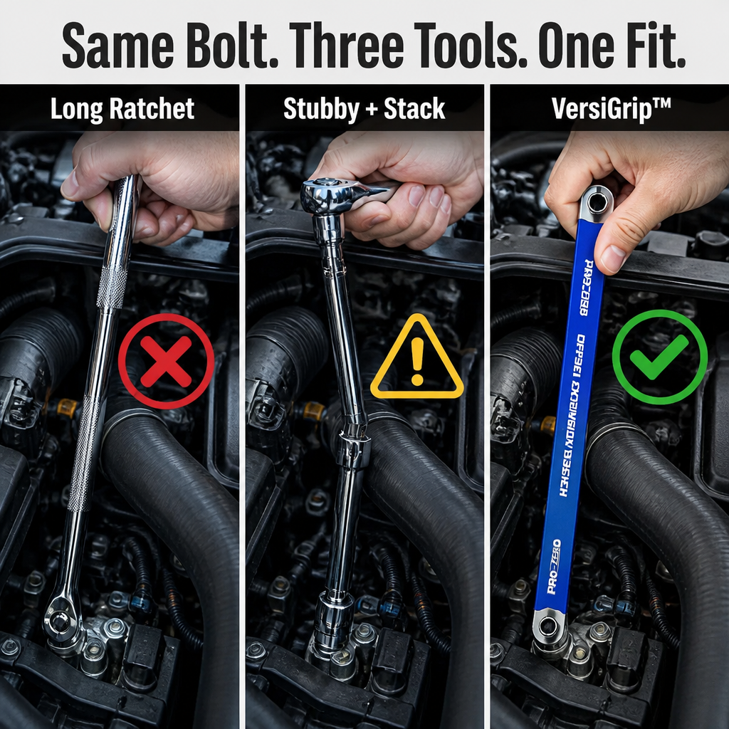 VersiGrip — Reach Buried Engine Bolts in Half-Inch Gaps With Zero Swing Arc - Souliia