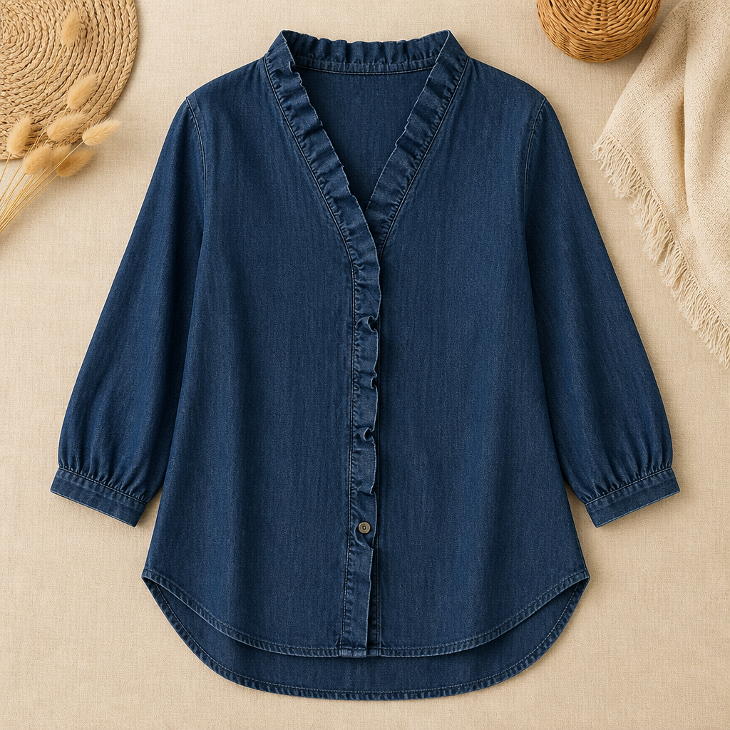 VelaFemme – Blouse en denim décontractée à volants sur le devant et ourlet asymétrique - Souliia
