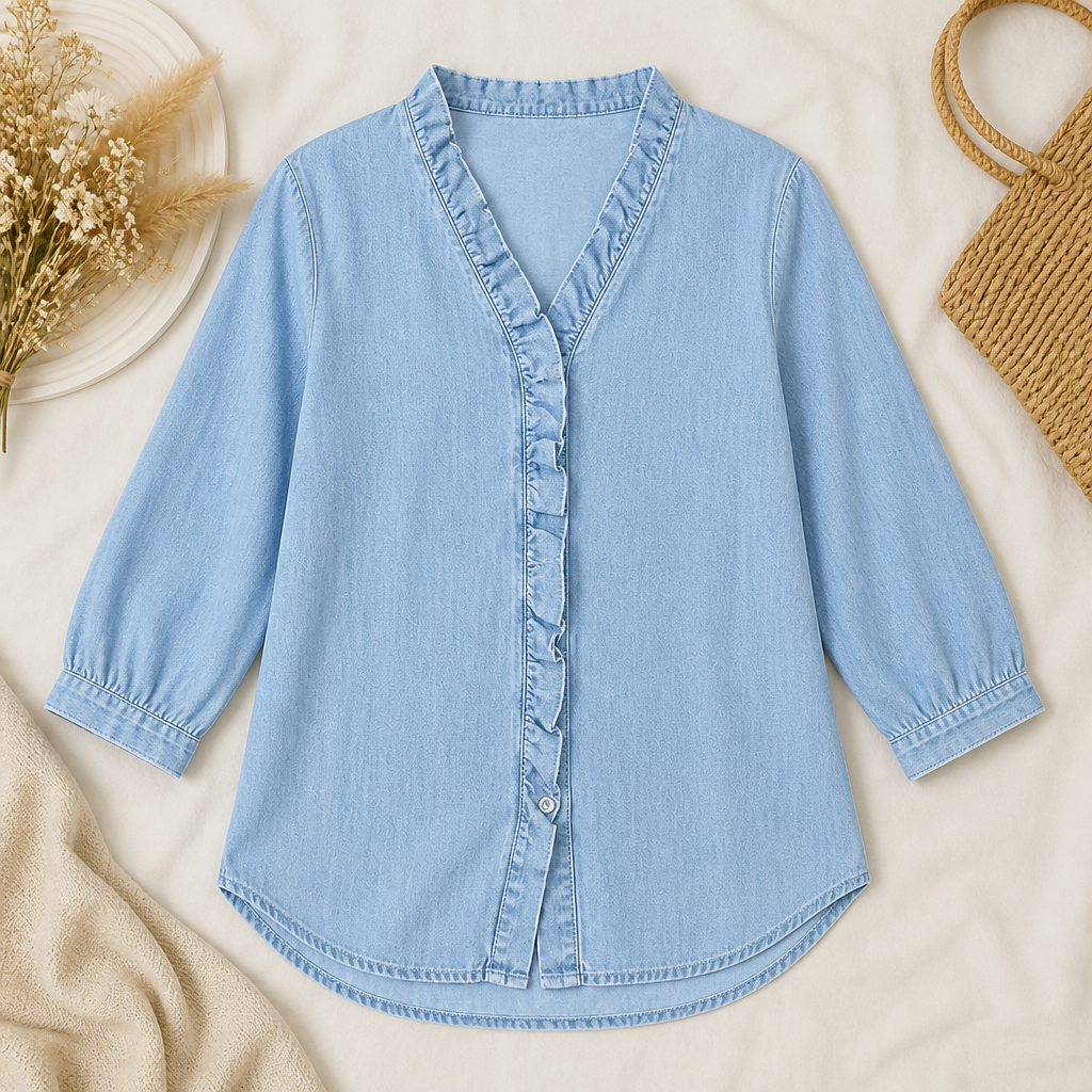 VelaFemme – Blouse en denim décontractée à volants sur le devant et ourlet asymétrique - Souliia