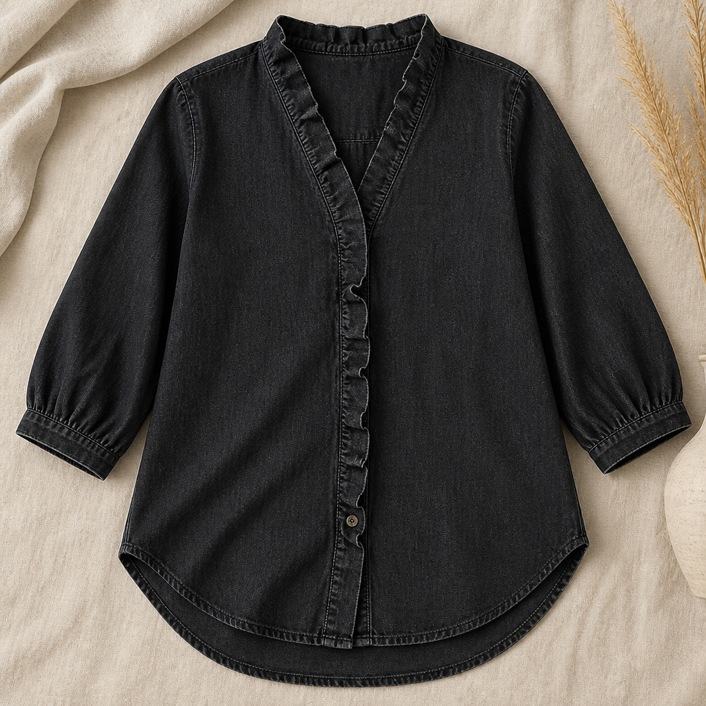 VelaFemme – Blouse en denim décontractée à volants sur le devant et ourlet asymétrique - Souliia