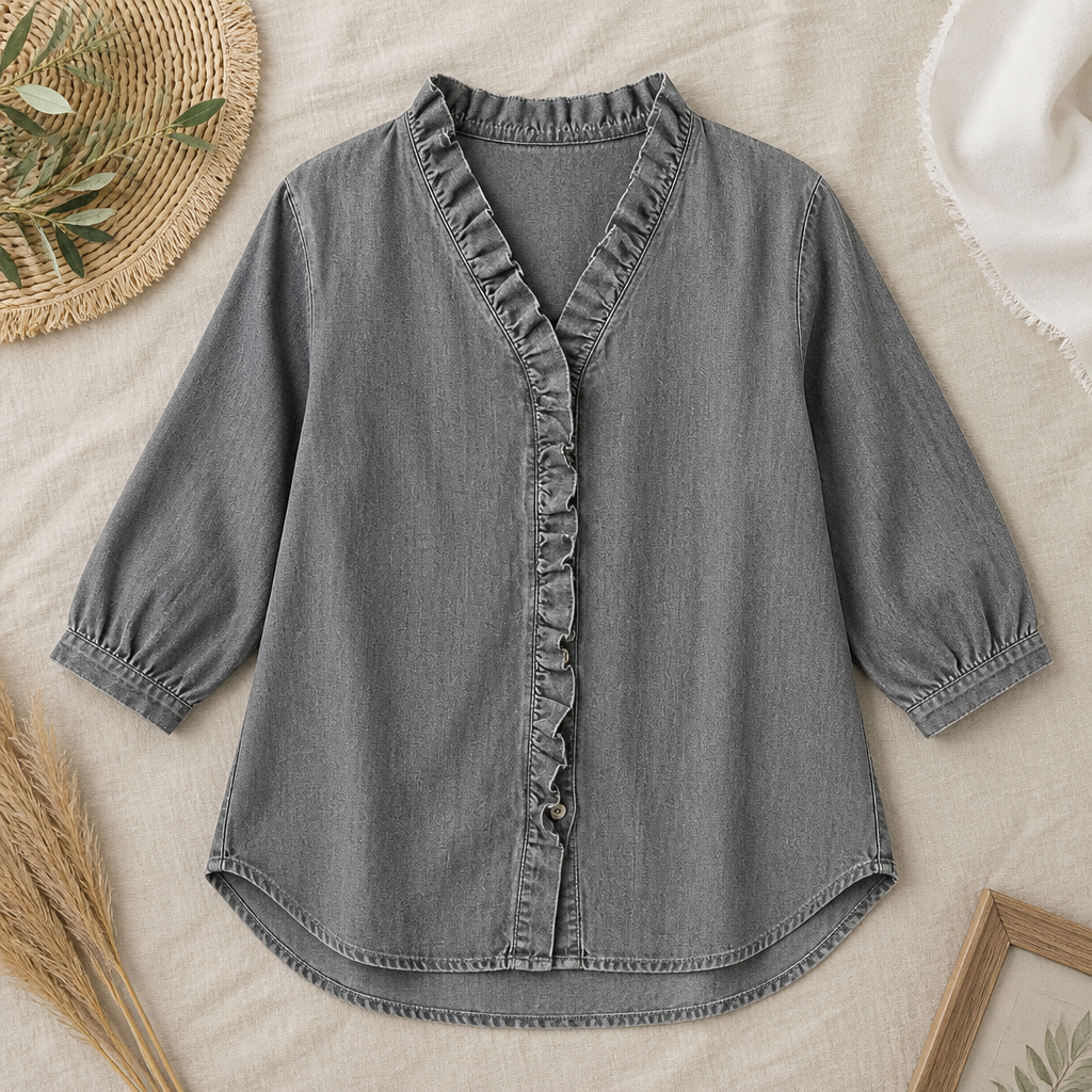 VelaFemme – Blouse en denim décontractée à volants sur le devant et ourlet asymétrique - Souliia