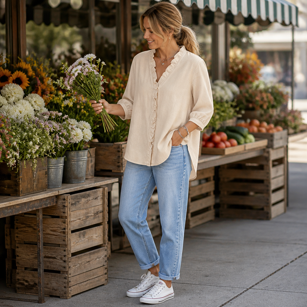 VelaFemme – Blouse en denim décontractée à volants sur le devant et ourlet asymétrique - Souliia