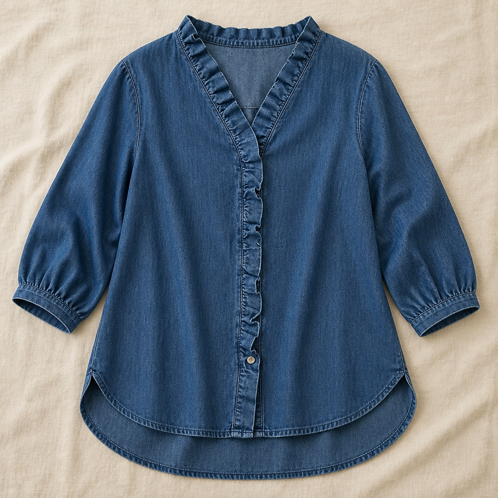 VelaFemme – Blouse en denim décontractée à volants sur le devant et ourlet asymétrique - Souliia