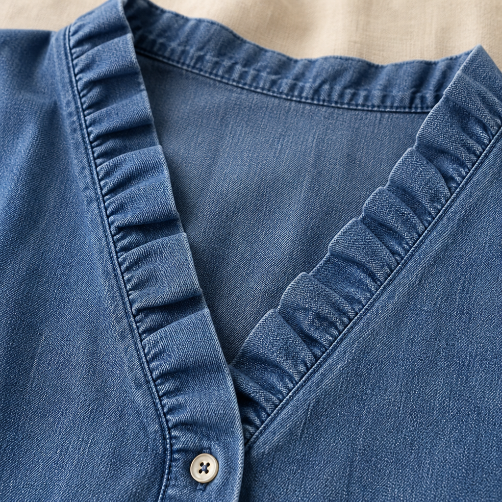 VelaFemme – Blouse en denim décontractée à volants sur le devant et ourlet asymétrique - Souliia