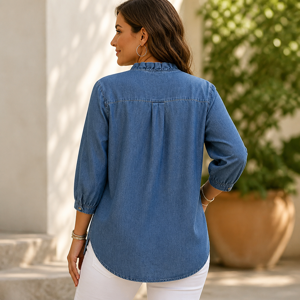 VelaFemme – Blouse en denim décontractée à volants sur le devant et ourlet asymétrique - Souliia