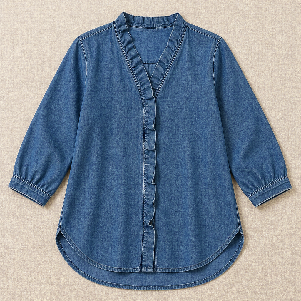 VelaFemme – Blouse en denim décontractée à volants sur le devant et ourlet asymétrique - Souliia