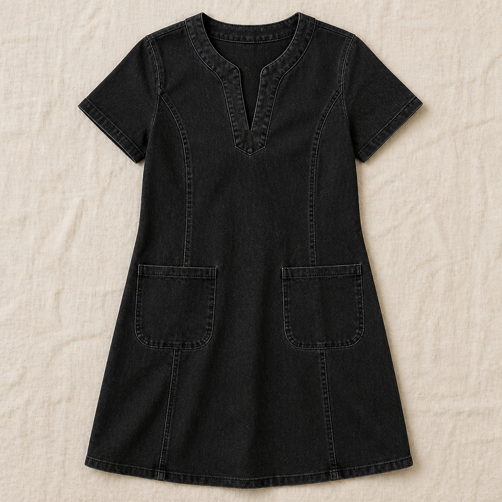 VelouraDenim – Robe décontractée en jean à col en V avec grandes poches avant - Souliia