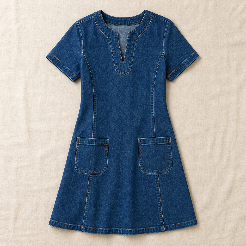 VelouraDenim – Robe décontractée en jean à col en V avec grandes poches avant - Souliia