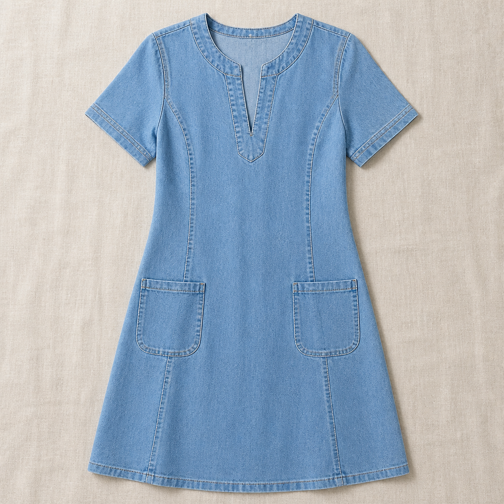 VelouraDenim – Robe décontractée en jean à col en V avec grandes poches avant - Souliia