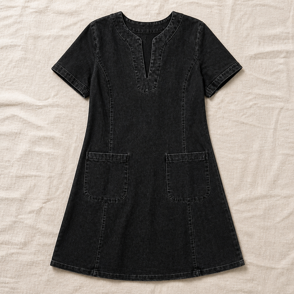 VelouraDenim – Robe décontractée en jean à col en V avec grandes poches avant - Souliia
