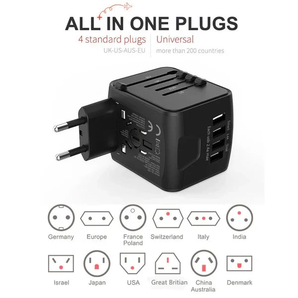 Adaptateur de voyage universel multiports — 150+ régions, recharge USB