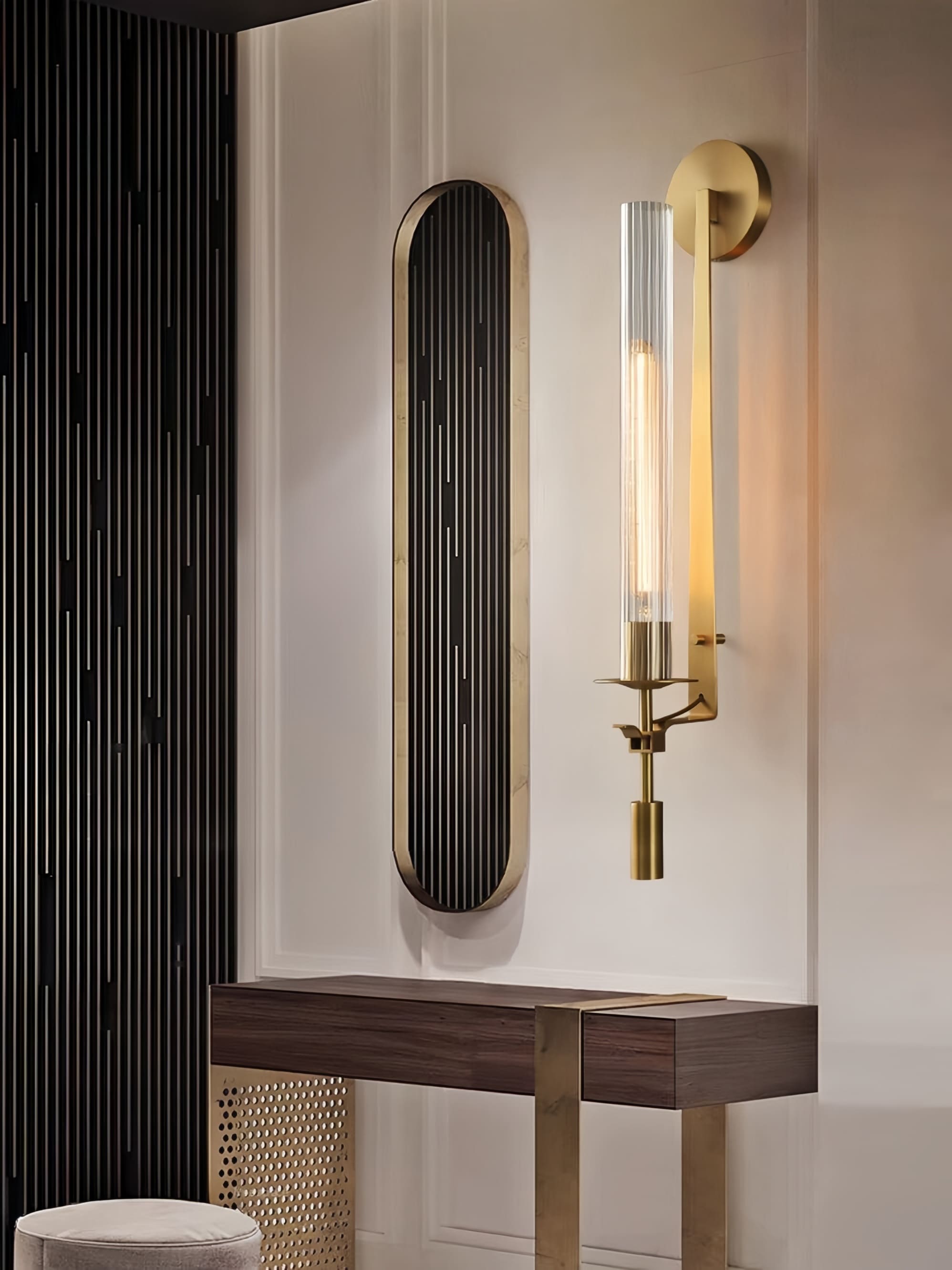 Slim Wall Light with Ribbed Glass and Metallic Modern Frame | Souliia