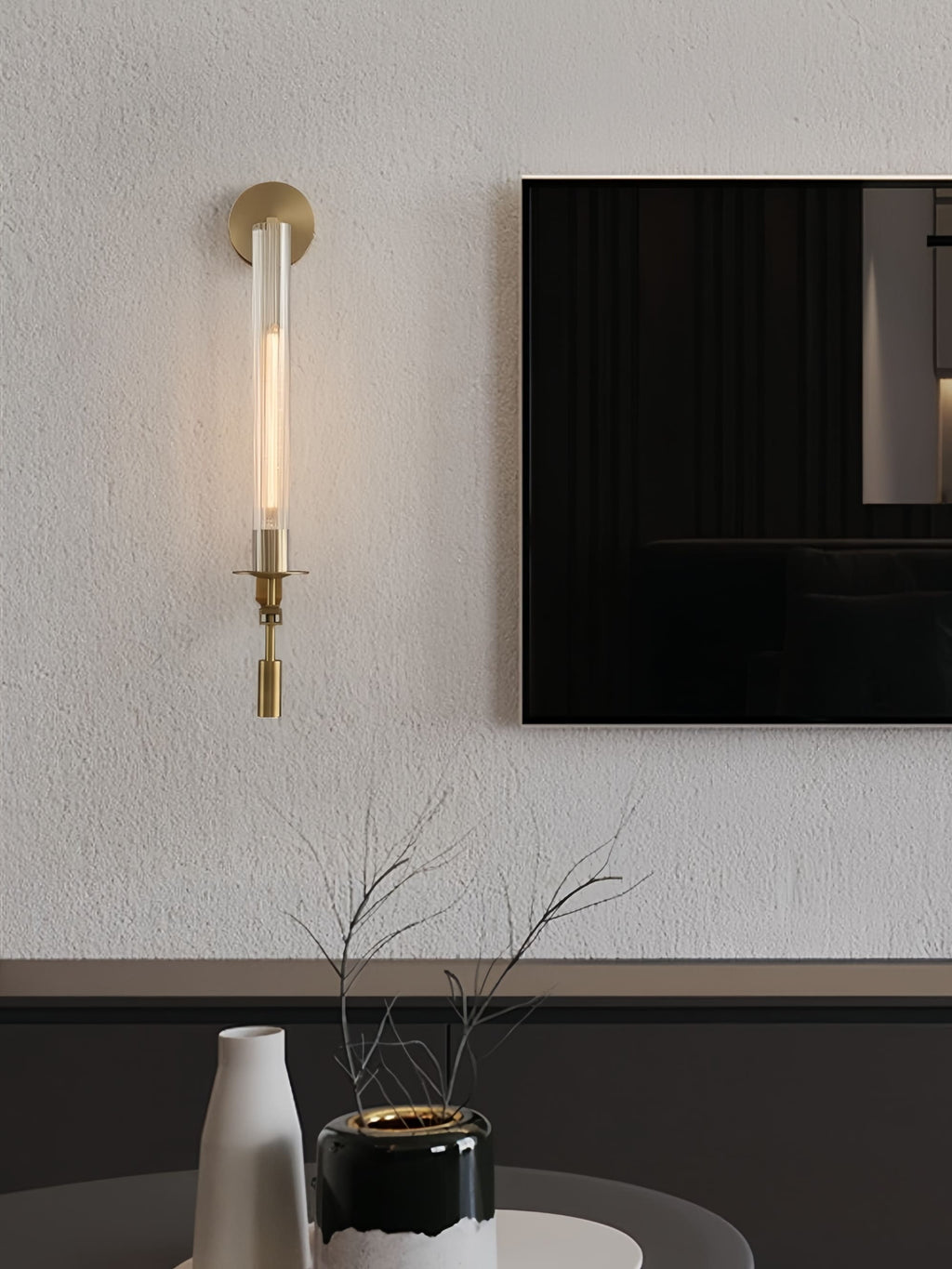 Slim Wall Light with Ribbed Glass and Metallic Modern Frame | Souliia