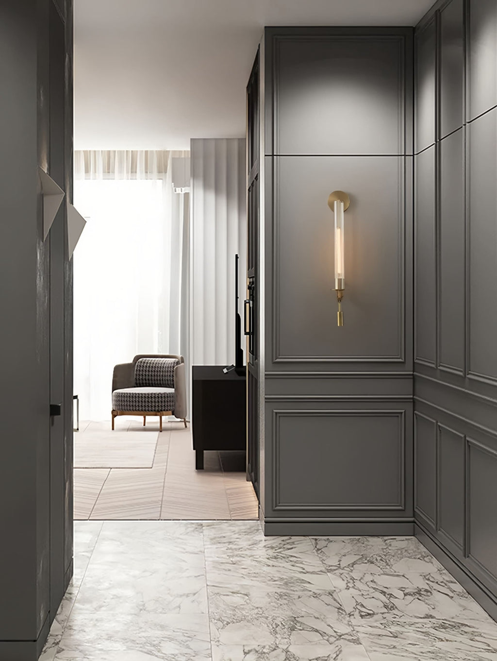 Slim Wall Light with Ribbed Glass and Metallic Modern Frame | Souliia