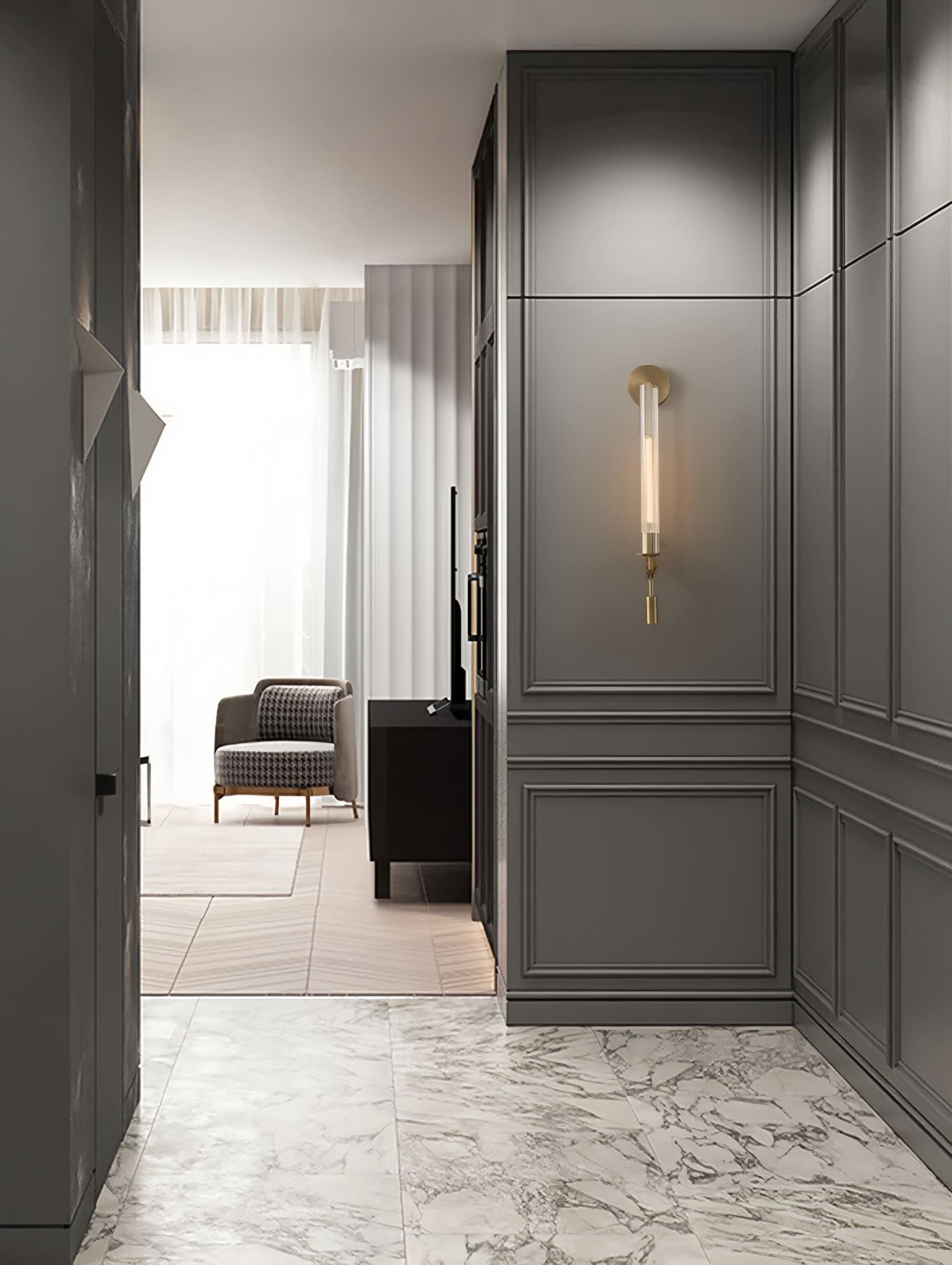 Slim Wall Light with Ribbed Glass and Metallic Modern Frame | Souliia