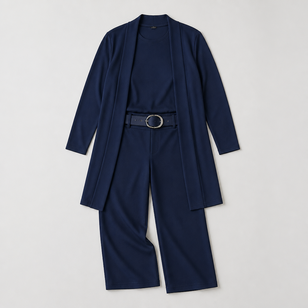 SculptEase – Elegant 3-Piece Knit Set with Long Cardigan & Wide-Leg Pants - Souliia