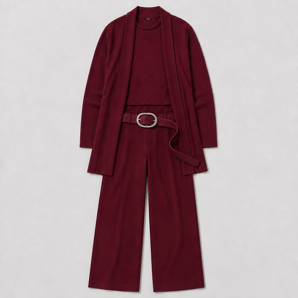 SculptEase – Elegant 3-Piece Knit Set with Long Cardigan & Wide-Leg Pants - Souliia