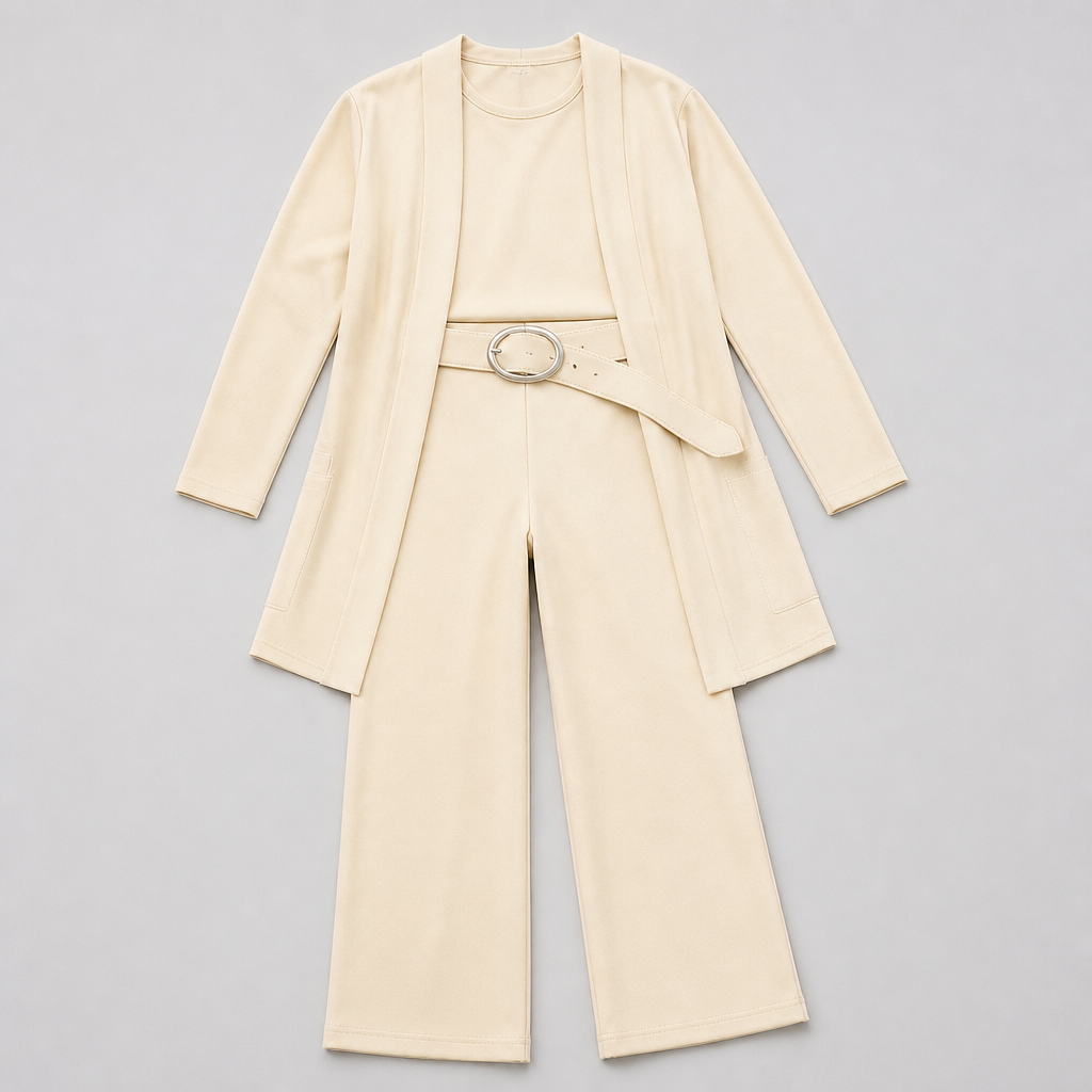 SculptEase – Elegant 3-Piece Knit Set with Long Cardigan & Wide-Leg Pants - Souliia