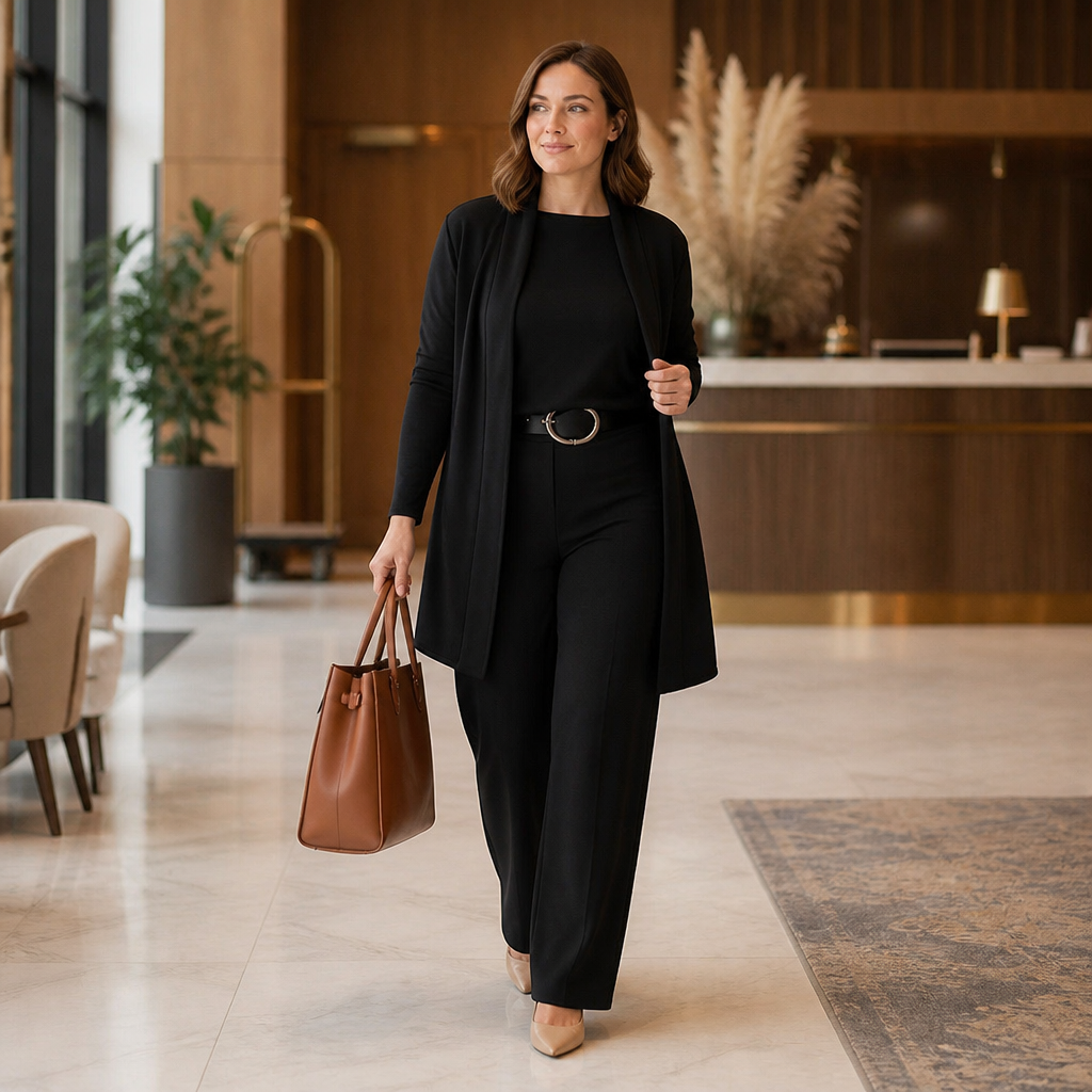 SculptEase – Elegant 3-Piece Knit Set with Long Cardigan & Wide-Leg Pants - Souliia