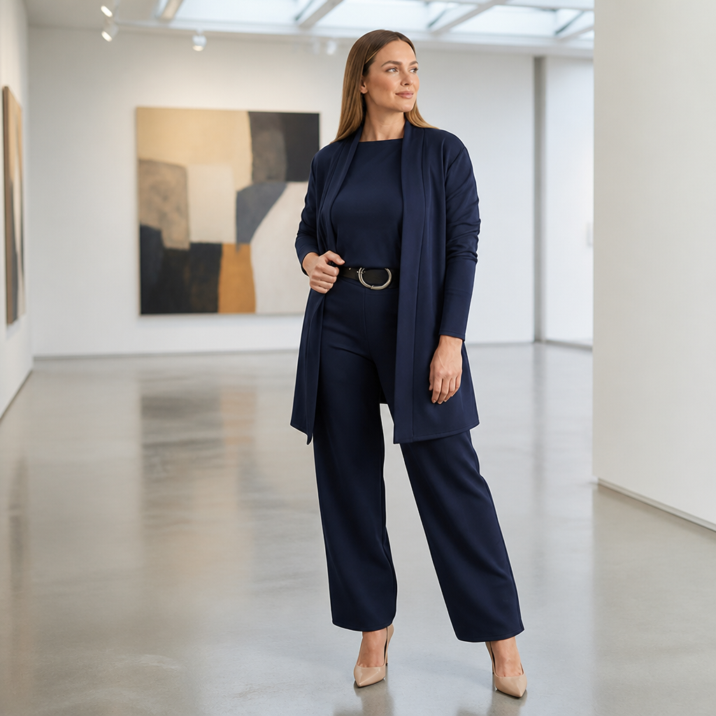 SculptEase – Elegant 3-Piece Knit Set with Long Cardigan & Wide-Leg Pants - Souliia