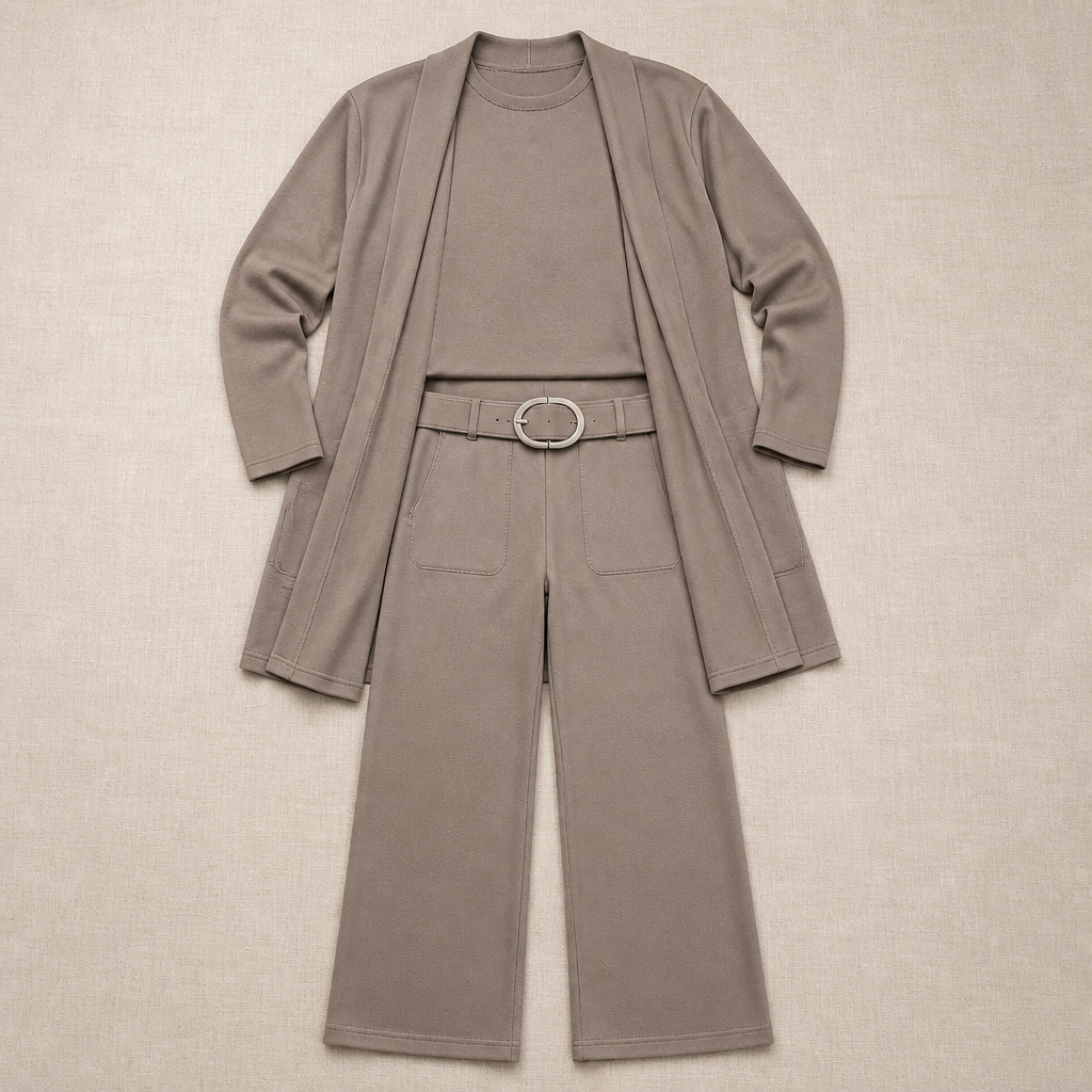 SculptEase – Elegant 3-Piece Knit Set with Long Cardigan & Wide-Leg Pants - Souliia