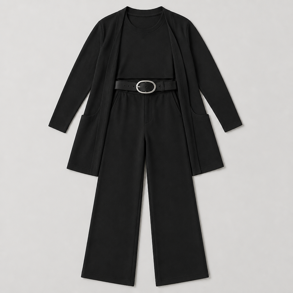 SculptEase – Elegant 3-Piece Knit Set with Long Cardigan & Wide-Leg Pants - Souliia
