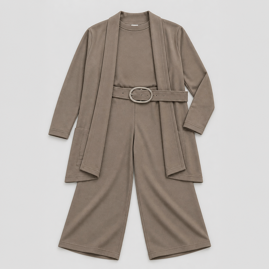 SculptEase – Elegant 3-Piece Knit Set with Long Cardigan & Wide-Leg Pants - Souliia