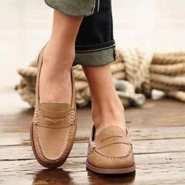 Vintage loafers i PU-skinn for kvinner — slip-on-sko med lav hæl