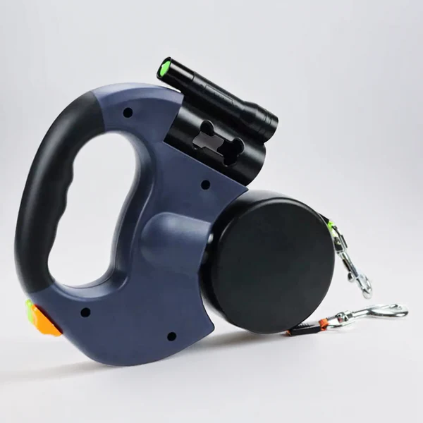 Laisse rétractable pour deux chiens — Lampe torche et porte-sacs à déjections