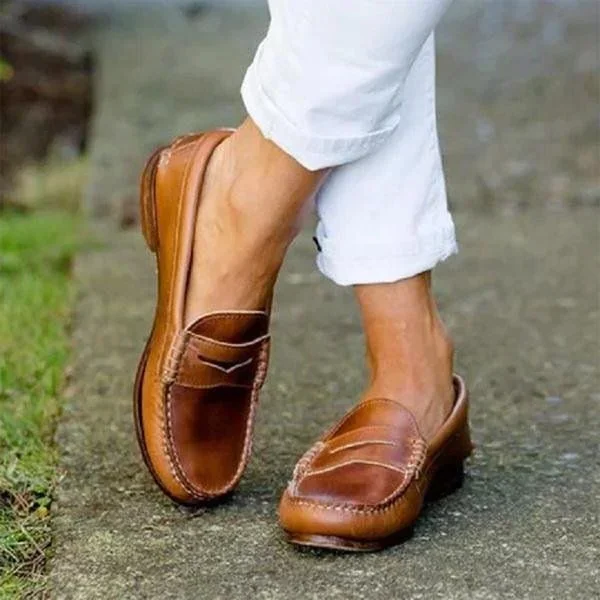 Vintage loafers i PU-skinn for kvinner — slip-on-sko med lav hæl