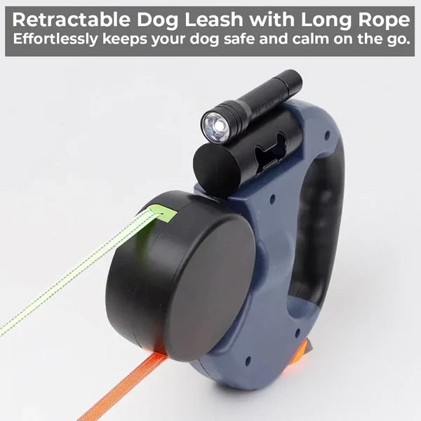 Laisse rétractable pour deux chiens — Lampe torche et porte-sacs à déjections