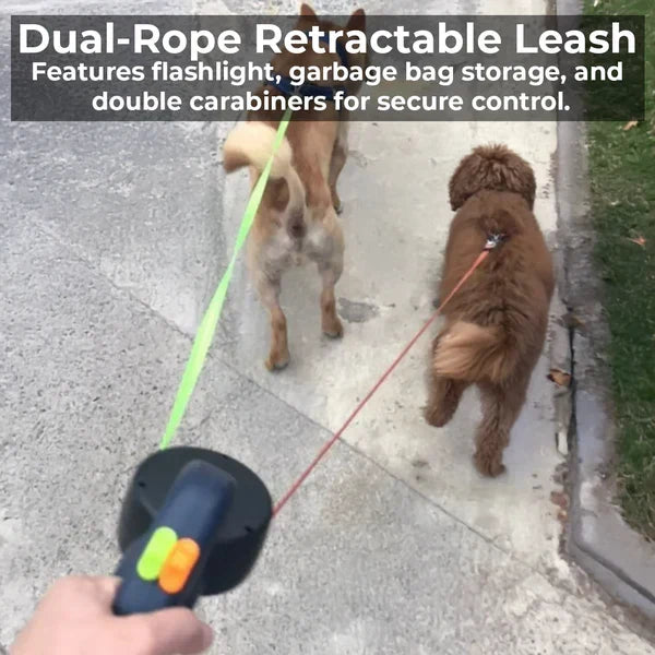 Laisse rétractable pour deux chiens — Lampe torche et porte-sacs à déjections
