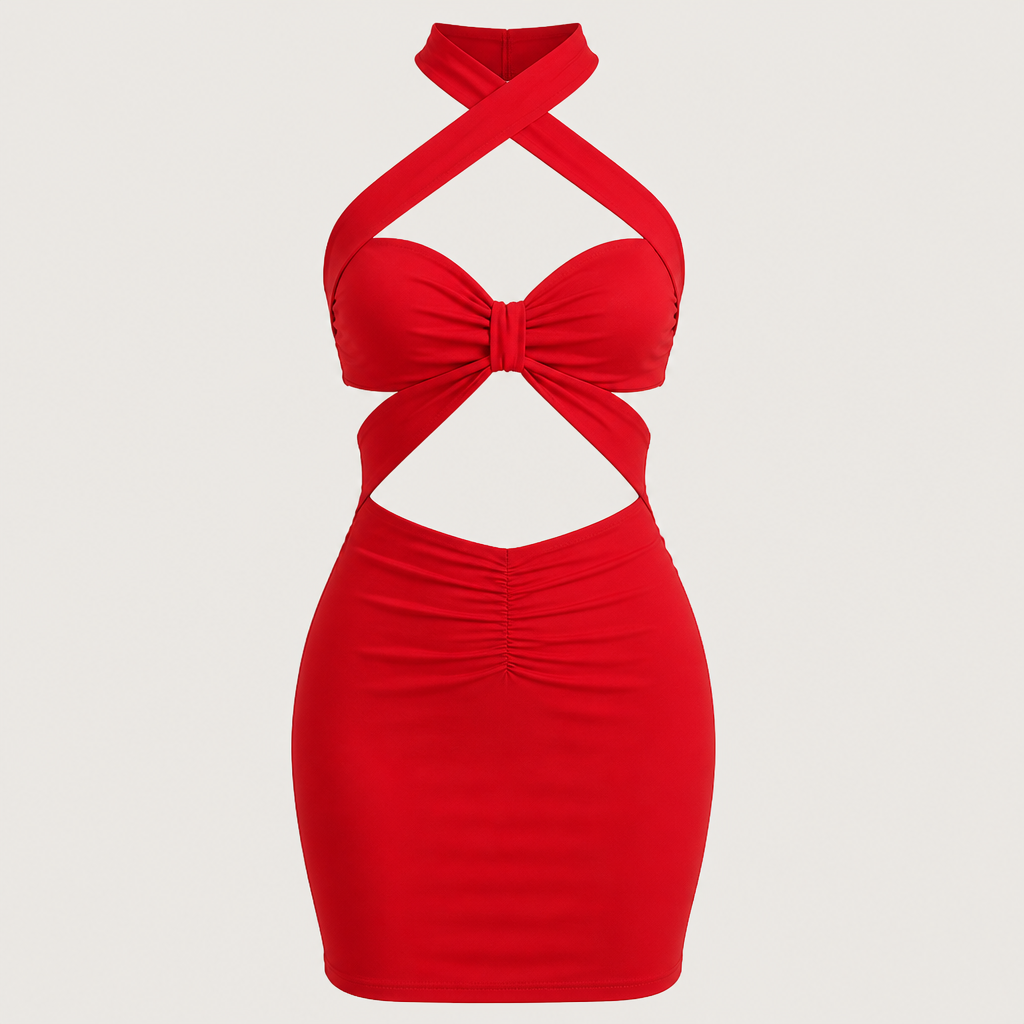 VioraVibe – Crossover Halter Cut-Out Bodycon Mini Dress - Souliia