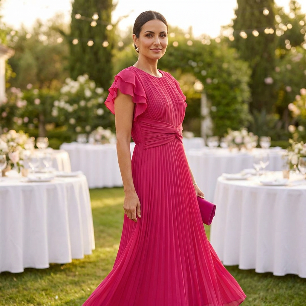Seluria – Flutter-Sleeve Pleated Maxi Dress with Twist-Front Waist - Souliia