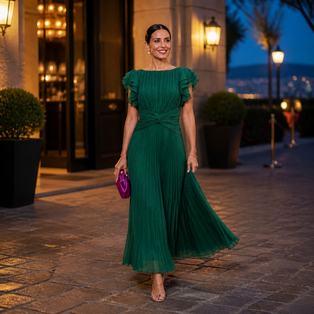 Seluria – Flutter-Sleeve Pleated Maxi Dress with Twist-Front Waist - Souliia