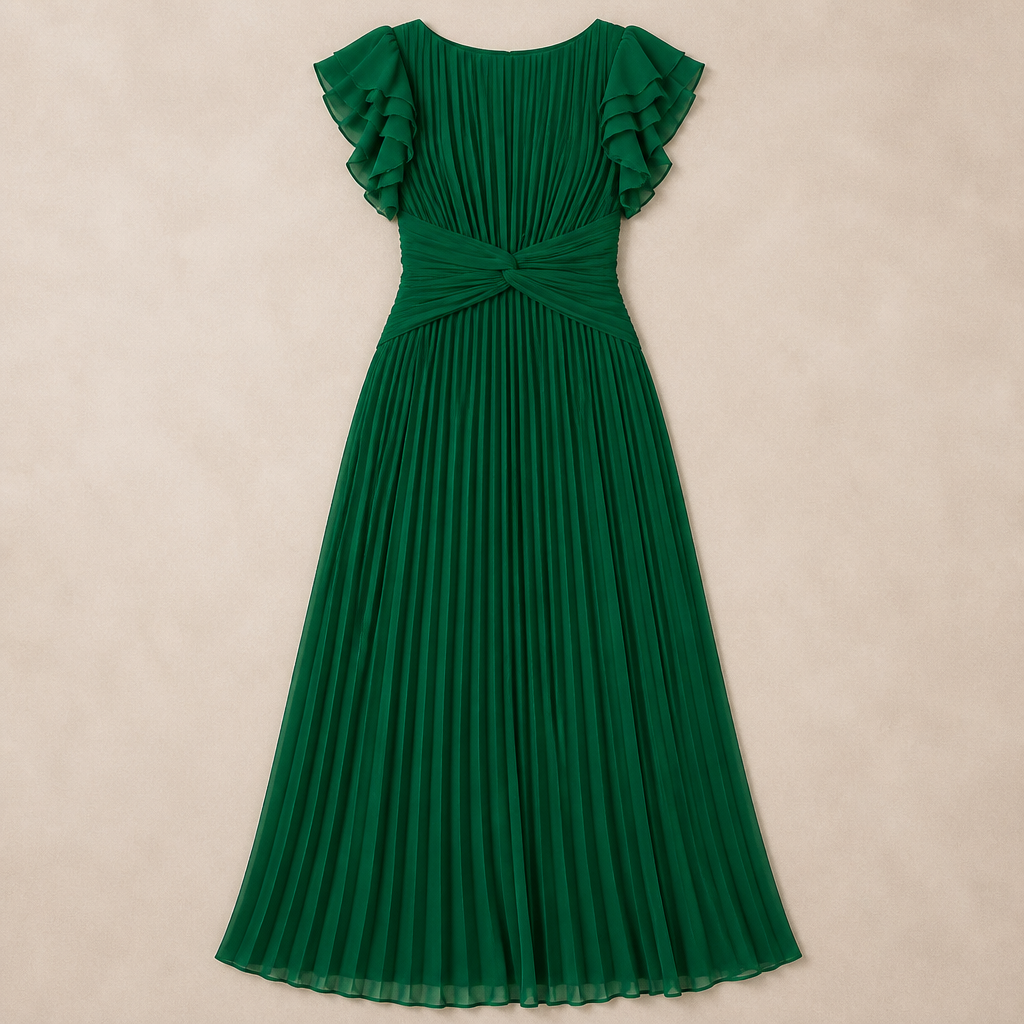 Seluria – Flutter-Sleeve Pleated Maxi Dress with Twist-Front Waist - Souliia