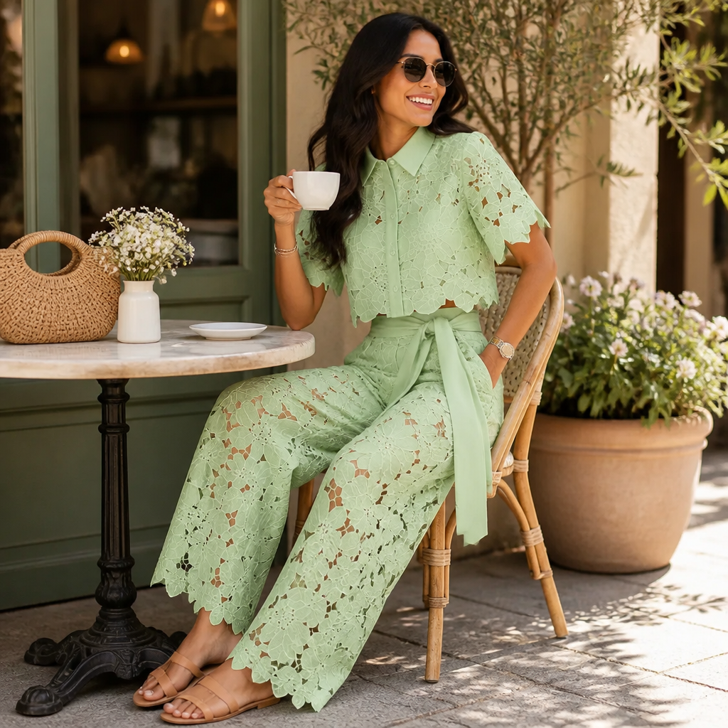 Vellorette – Scalloped Floral Lace Two-Piece Set with Tie-Sash Wide-Leg Pants - Souliia