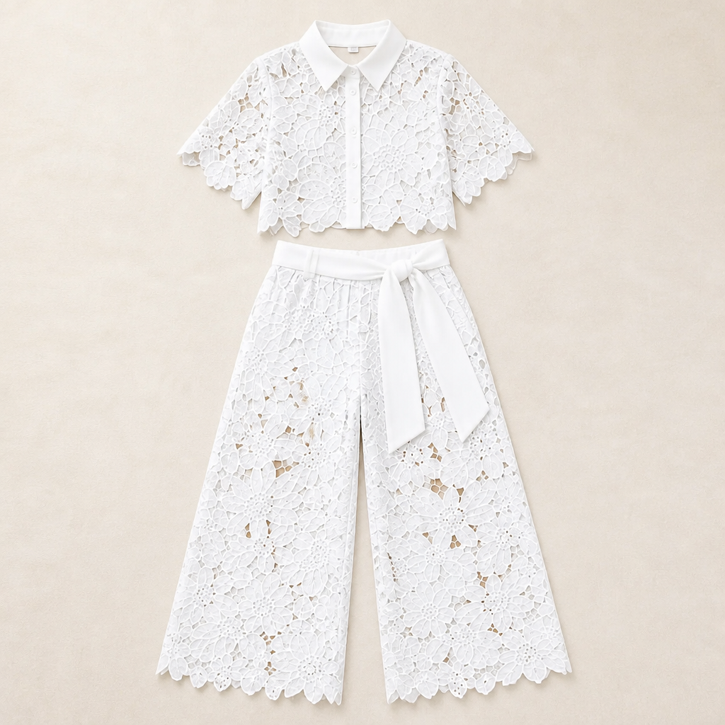 Vellorette – Scalloped Floral Lace Two-Piece Set with Tie-Sash Wide-Leg Pants - Souliia