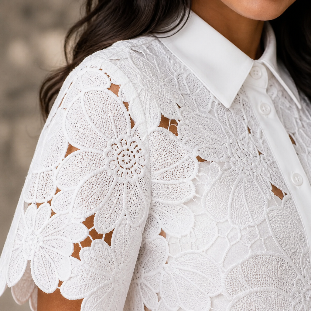 Vellorette – Scalloped Floral Lace Two-Piece Set with Tie-Sash Wide-Leg Pants - Souliia
