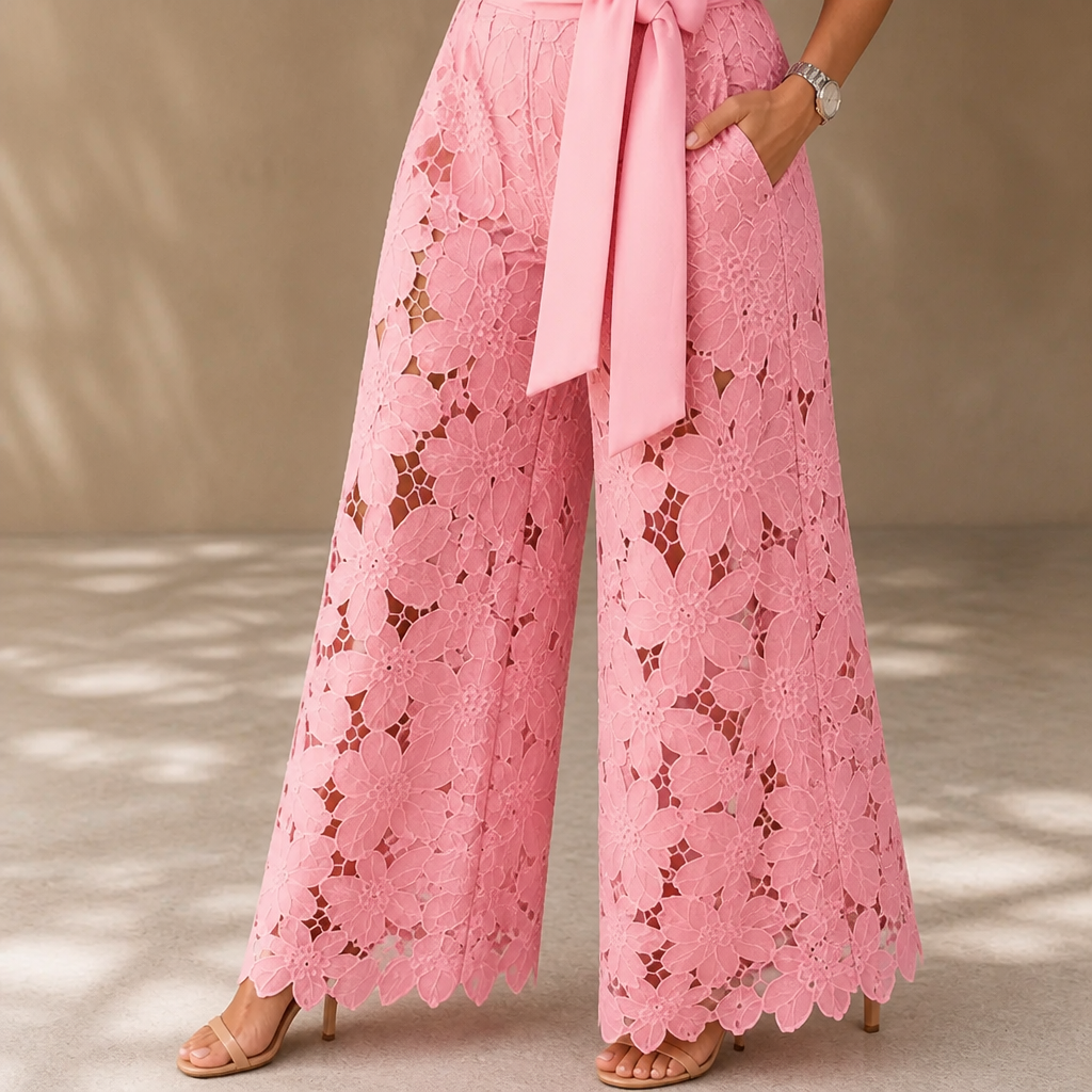 Vellorette – Scalloped Floral Lace Two-Piece Set with Tie-Sash Wide-Leg Pants - Souliia